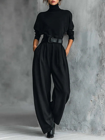 Noëlla™ | Conjunto de Camisola de Gola Alta Preta e Calças Direitas