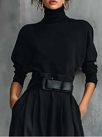 Noëlla™ | Conjunto de Camisola de Gola Alta Preta e Calças Direitas