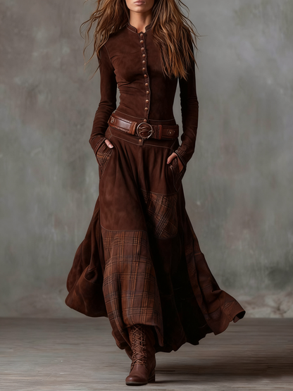 Clara™ | Vestido Comprido Efeito Camurça com Cinto