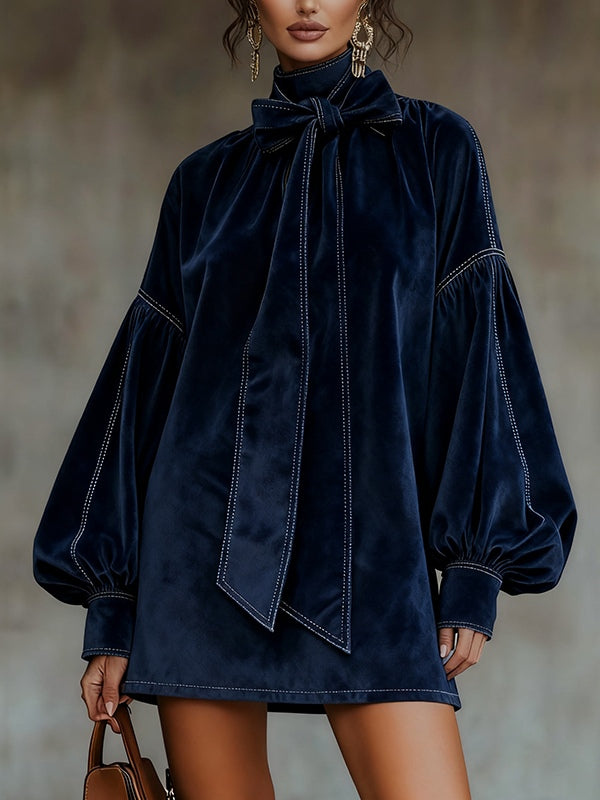 Agata™ | Vestido Curto de Veludo com Laço e Mangas Balão