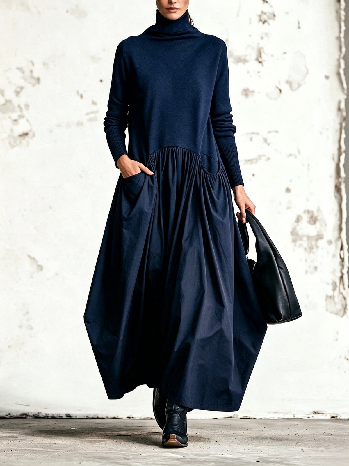 Francisca™ | Vestido Comprido Oversize de Gola Alta com Bolsos
