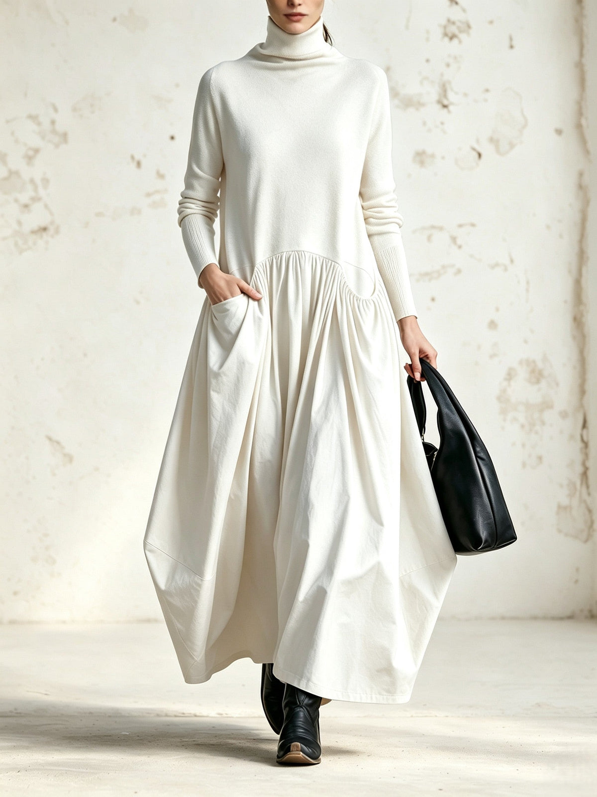 Francisca™ | Vestido Comprido Oversize de Gola Alta com Bolsos