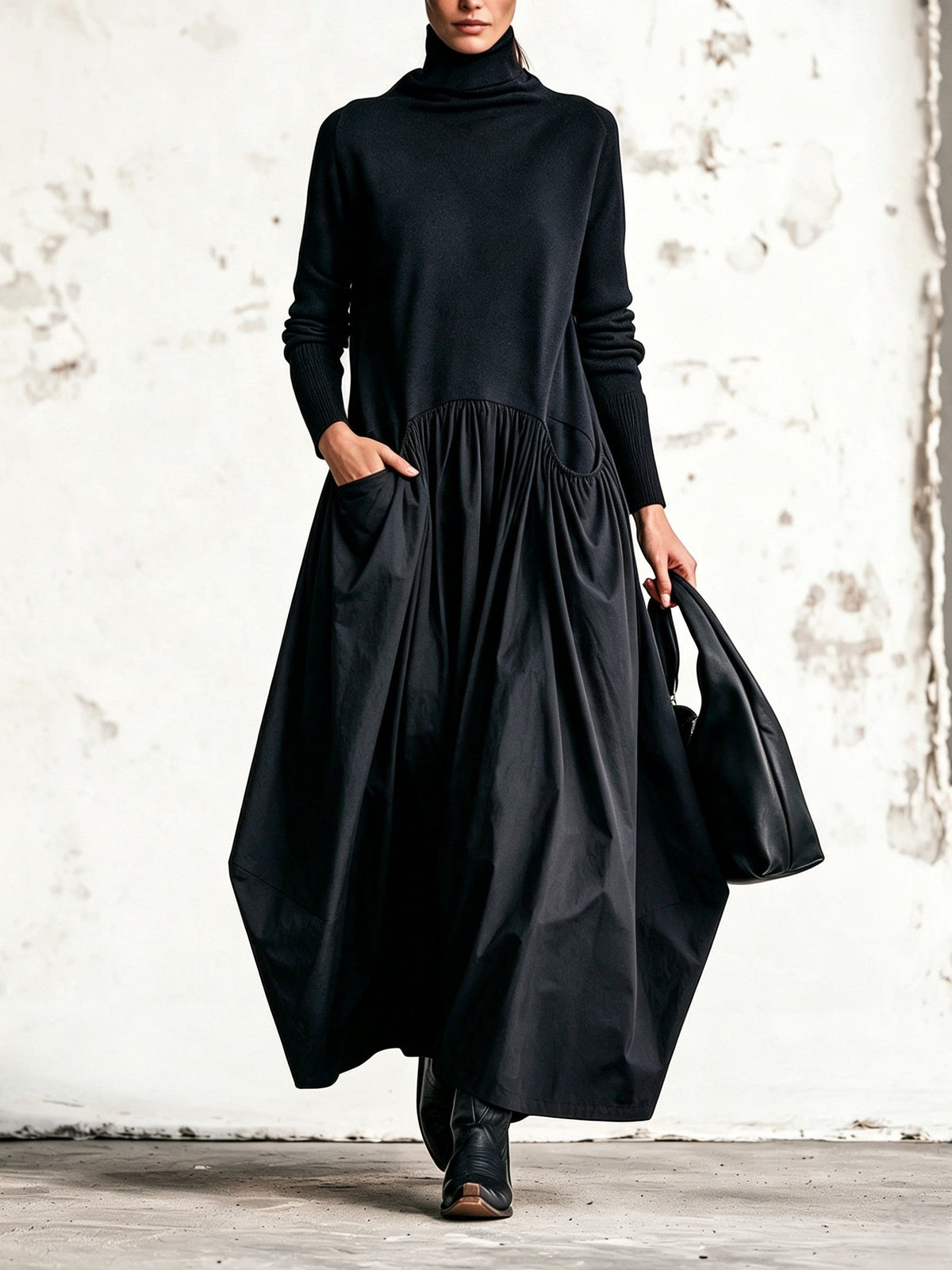 Francisca™ | Vestido Comprido Oversize de Gola Alta com Bolsos