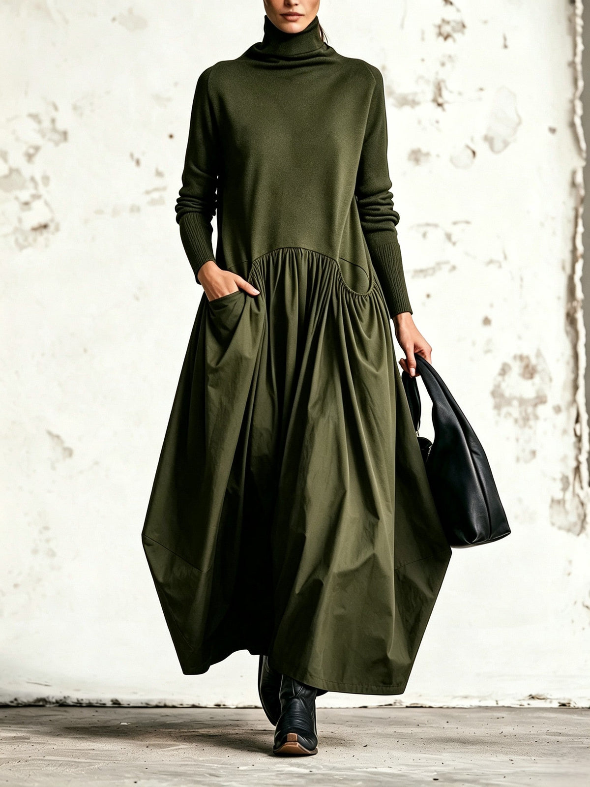 Francisca™ | Vestido Comprido Oversize de Gola Alta com Bolsos