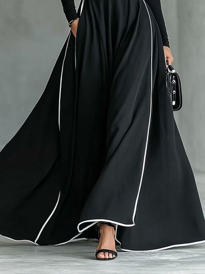 Gina™ | Vestido Comprido com Gola Alta, Pespontos Brancos e Cinto