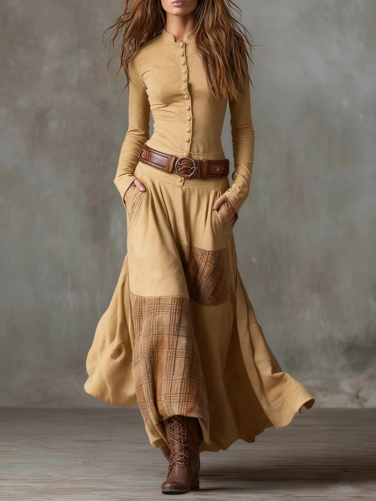 Clara™ | Vestido Comprido Efeito Camurça com Cinto