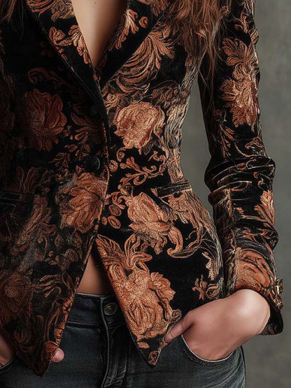 Clémentine™ | Blazer de corte de alfaiataria para mulher com padrão floral preto e bronze