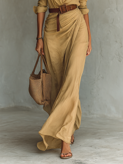 Alina™ | Vestido Comprido Camiseiro com Gola de Lapela e Cinto