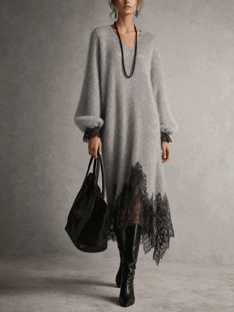 Helena™ | Vestido Midi Cinzento de Malha com Bainha de Renda
