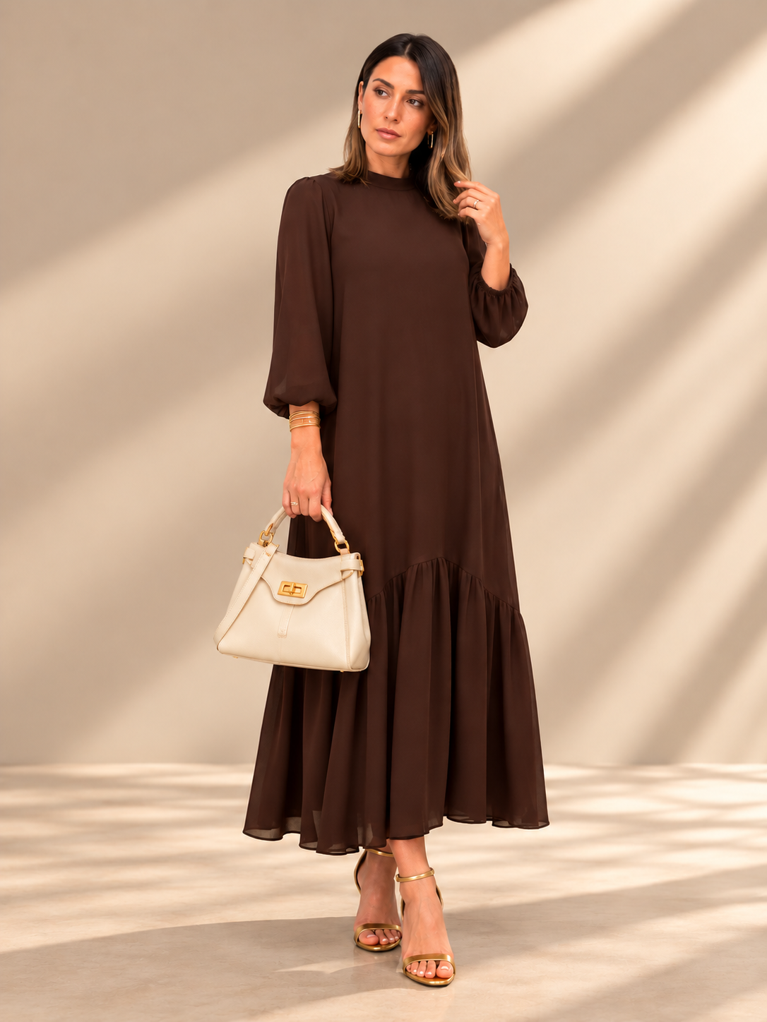 Oriane™ | Vestido em musselina lisa castanha