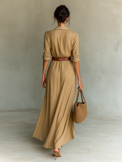 Alina™ | Vestido Comprido Camiseiro com Gola de Lapela e Cinto
