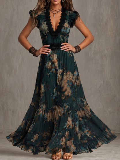 Luz™ | Vestido Comprido de Chiffon com Renda Floral