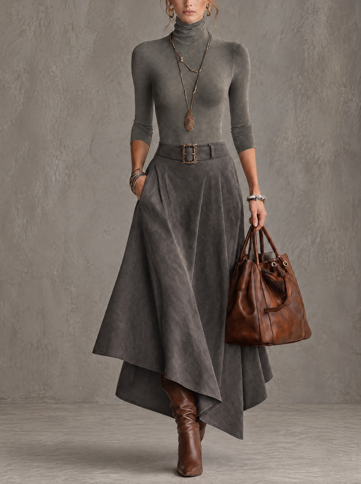 Carmen™ | Conjunto de Top de Gola Alta e Saia Midi Assimétrica com Cinto