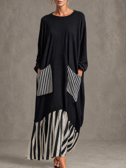 Alba™ | Vestido Comprido Oversize de Algodão com Riscas