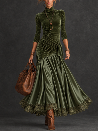 Nerea™ | Vestido Comprido de Veludo e Cetim com Bainha de Renda