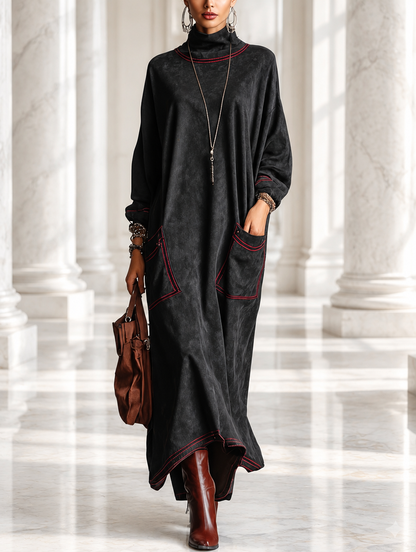 Estela™ | Vestido Comprido Efeito Camurça com Pespontos Vermelhos