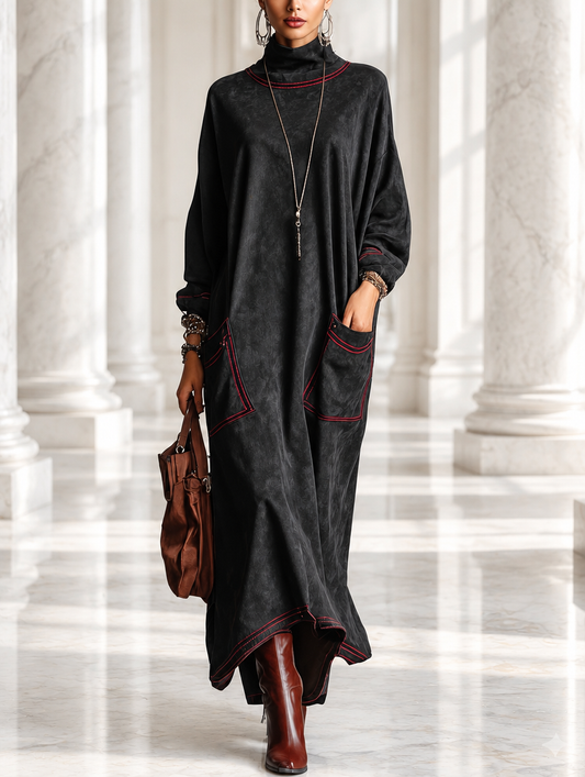 Estela™ | Vestido Comprido Efeito Camurça com Pespontos Vermelhos