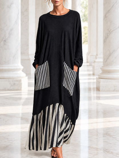 Alba™ | Vestido Comprido Oversize de Algodão com Riscas