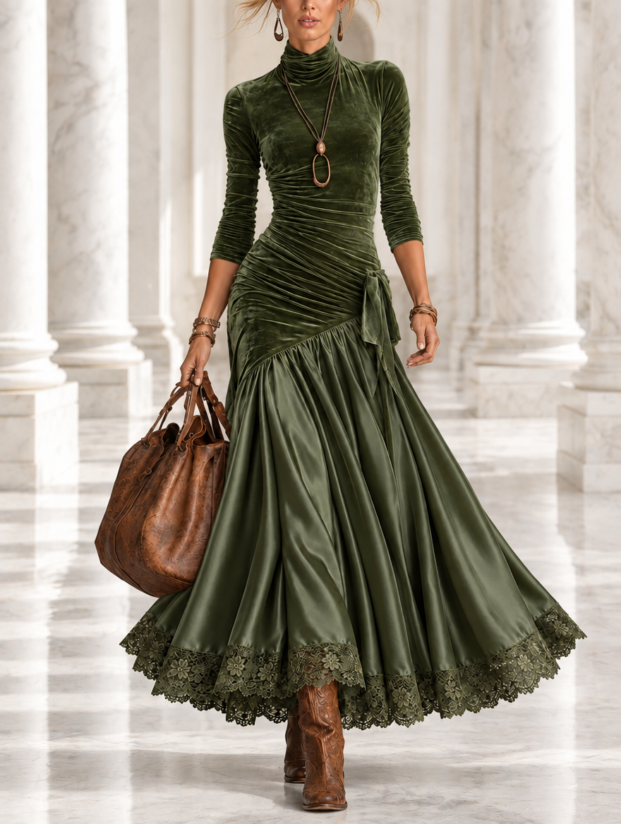 Nerea™ | Vestido Comprido de Veludo e Cetim com Bainha de Renda
