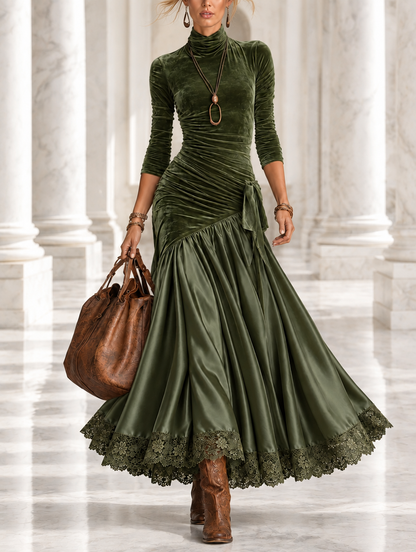 Nerea™ | Vestido Comprido de Veludo e Cetim com Bainha de Renda