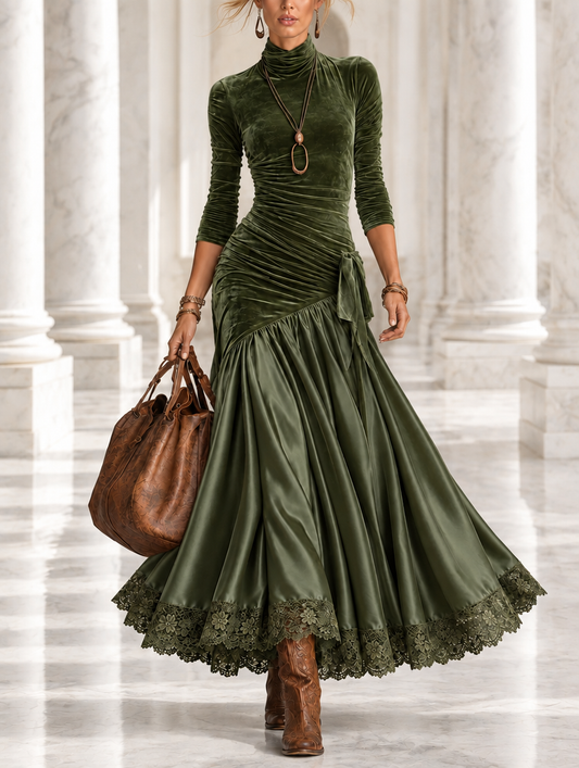 Nerea™ | Vestido Comprido de Veludo e Cetim com Bainha de Renda