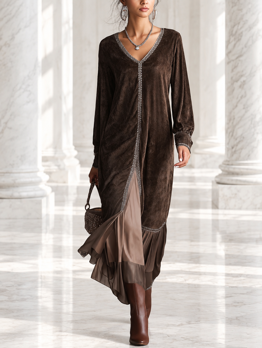 Teresa™ | Vestido Midi Efeito Camurça com Decote em V