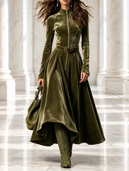 Vega™ | Vestido Comprido de Veludo com Fecho Frontal e Cinto