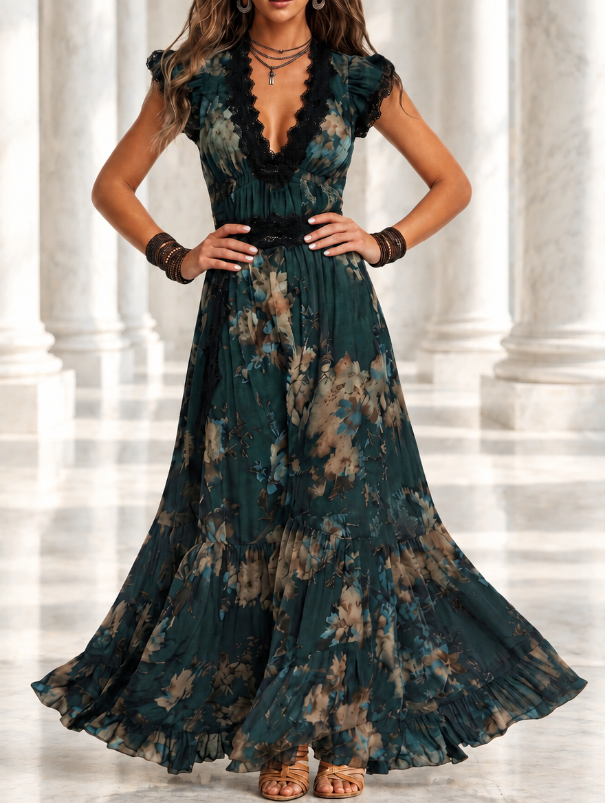 Luz™ | Vestido Comprido de Chiffon com Renda Floral