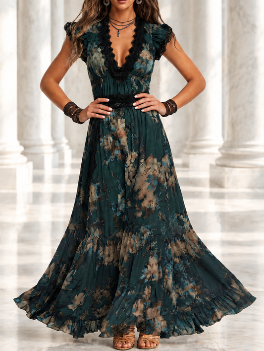 Luz™ | Vestido Comprido de Chiffon com Renda Floral