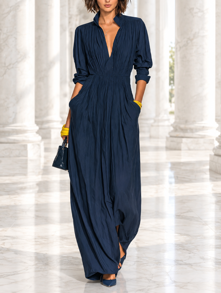 Alma™ | Vestido Comprido Plissado com Decote em V