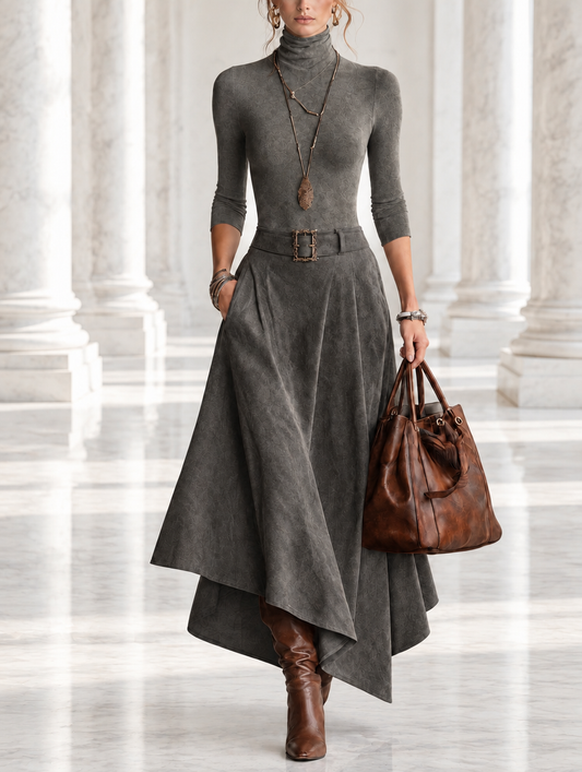 Carmen™ | Conjunto de Top de Gola Alta e Saia Midi Assimétrica com Cinto