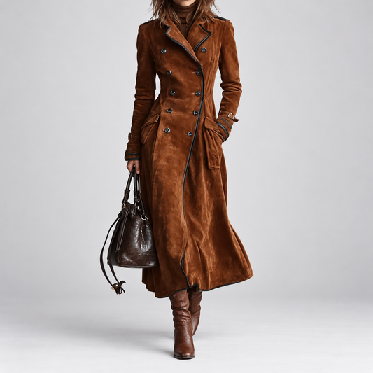 Georgina™ | Gabardina Comprida Efeito Camurça com Cinto