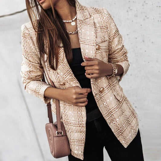Valérie™ | Blazer de Malha aos Xadrez para Mulher de Manga Comprida
