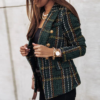 Valérie™ | Blazer de Malha aos Xadrez para Mulher de Manga Comprida