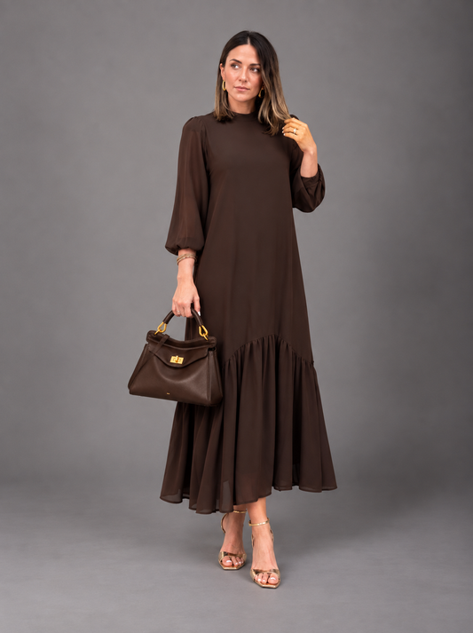Oriane™ | Vestido em musselina lisa castanha