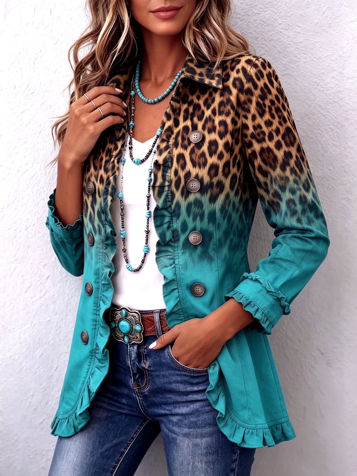 Ursule™ | Casaco Leopardo Degradé com Folhos