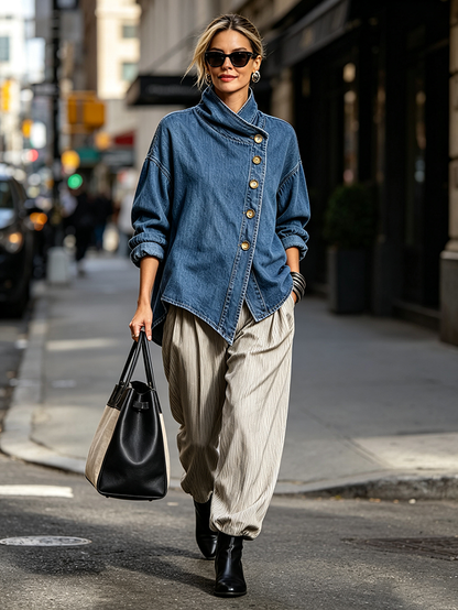 Théodora™ | Camisa Oversize em Ganga com Abotoamento Diagonal, Azul