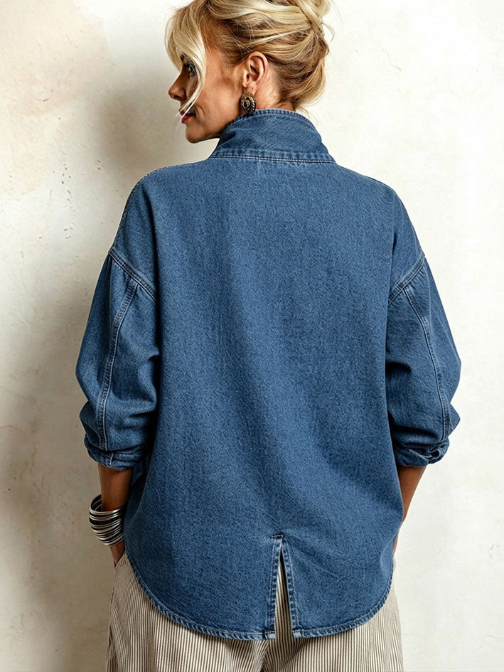 Théodora™ | Camisa Oversize em Ganga com Abotoamento Diagonal, Azul
