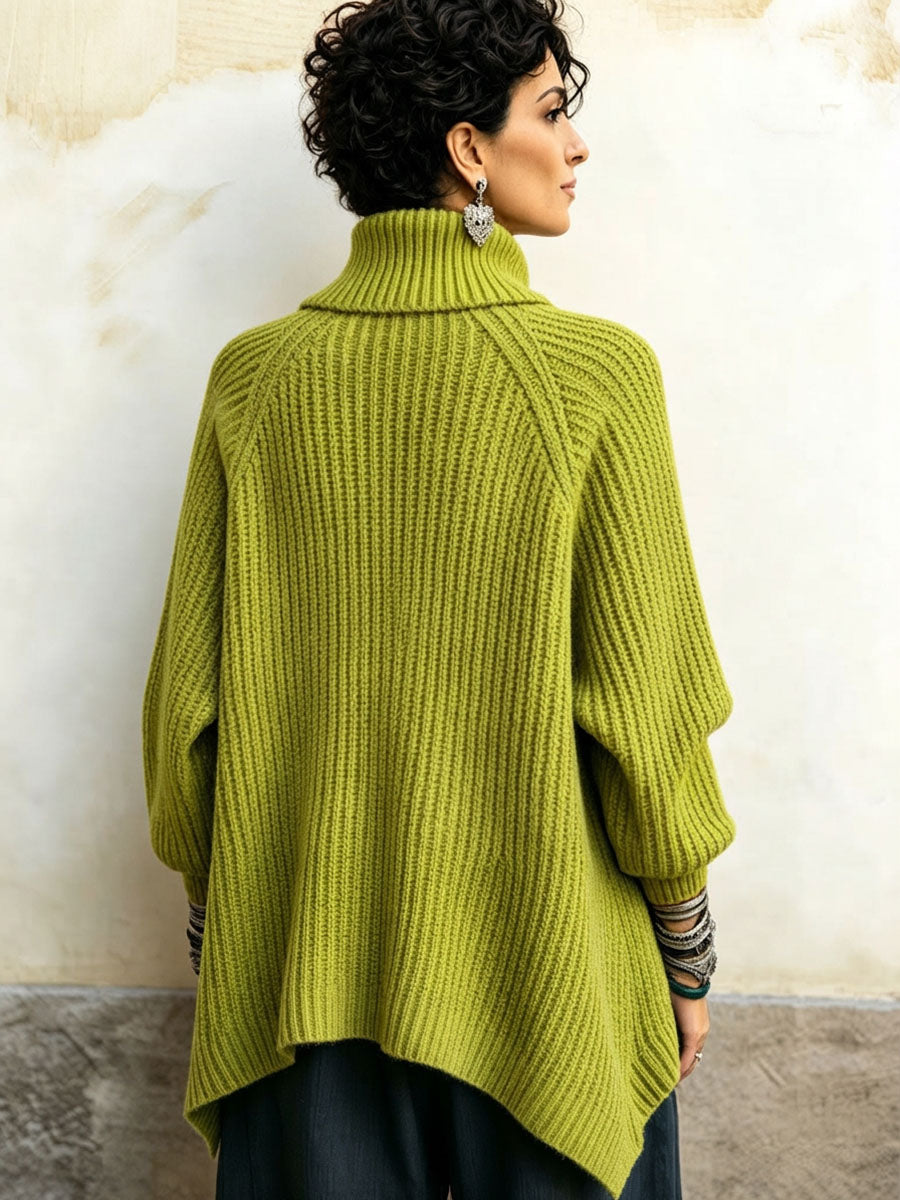 Apolline™ | Camisola de Malha Canelada com Gola Subida e Abotoamento Assimétrico