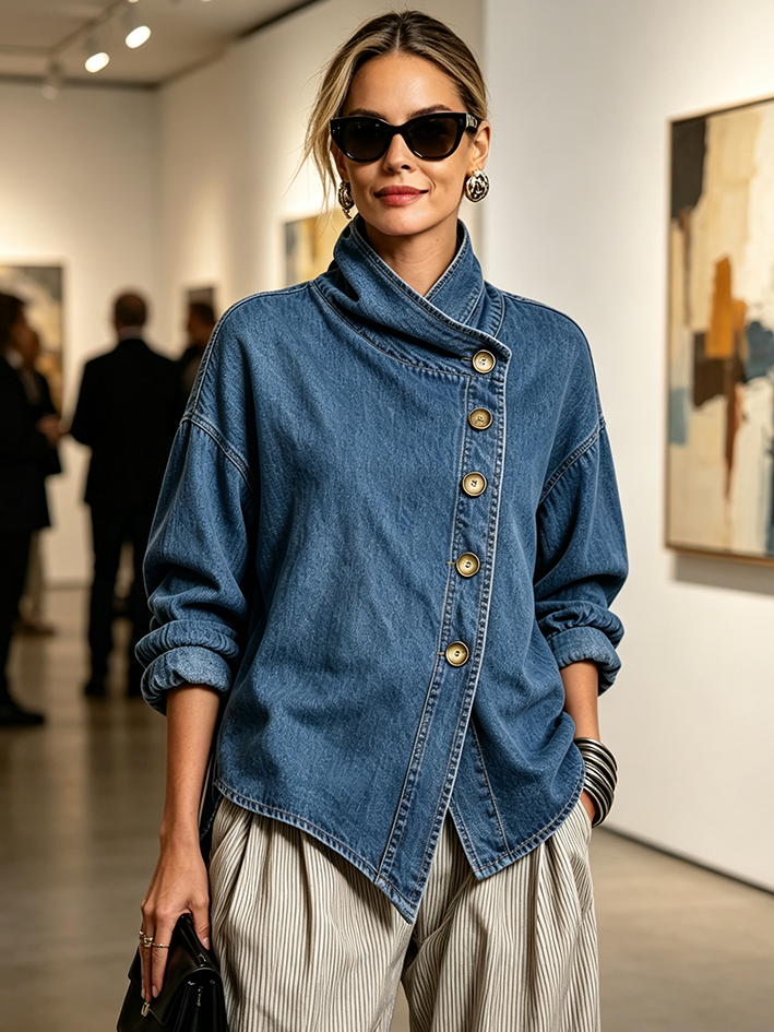 Théodora™ | Camisa Oversize em Ganga com Abotoamento Diagonal, Azul