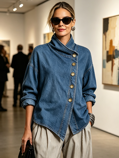 Théodora™ | Camisa Oversize em Ganga com Abotoamento Diagonal, Azul