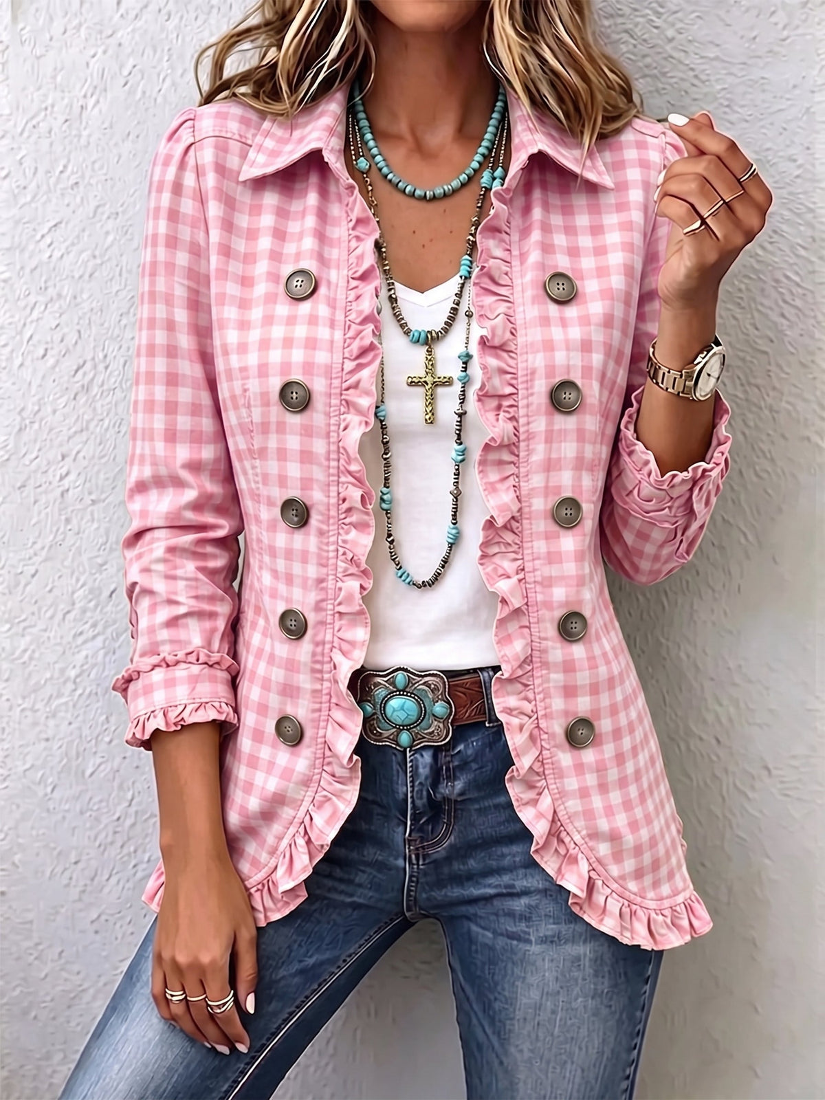 Cyrielle™ | Casaco com Padrão Vichy e Folhos