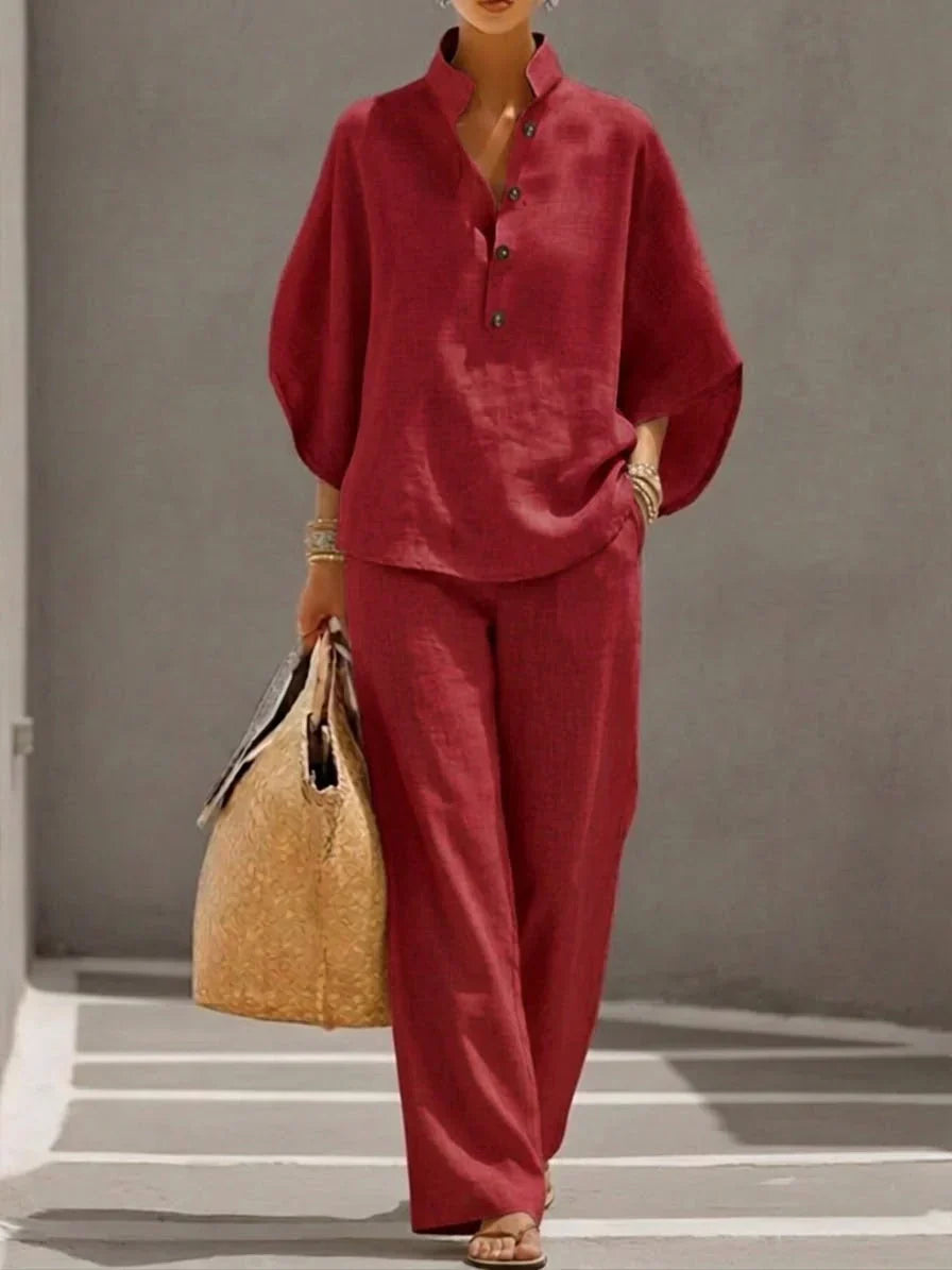 Amandine™ | Conjunto em linho com mangas morcego e calças largas