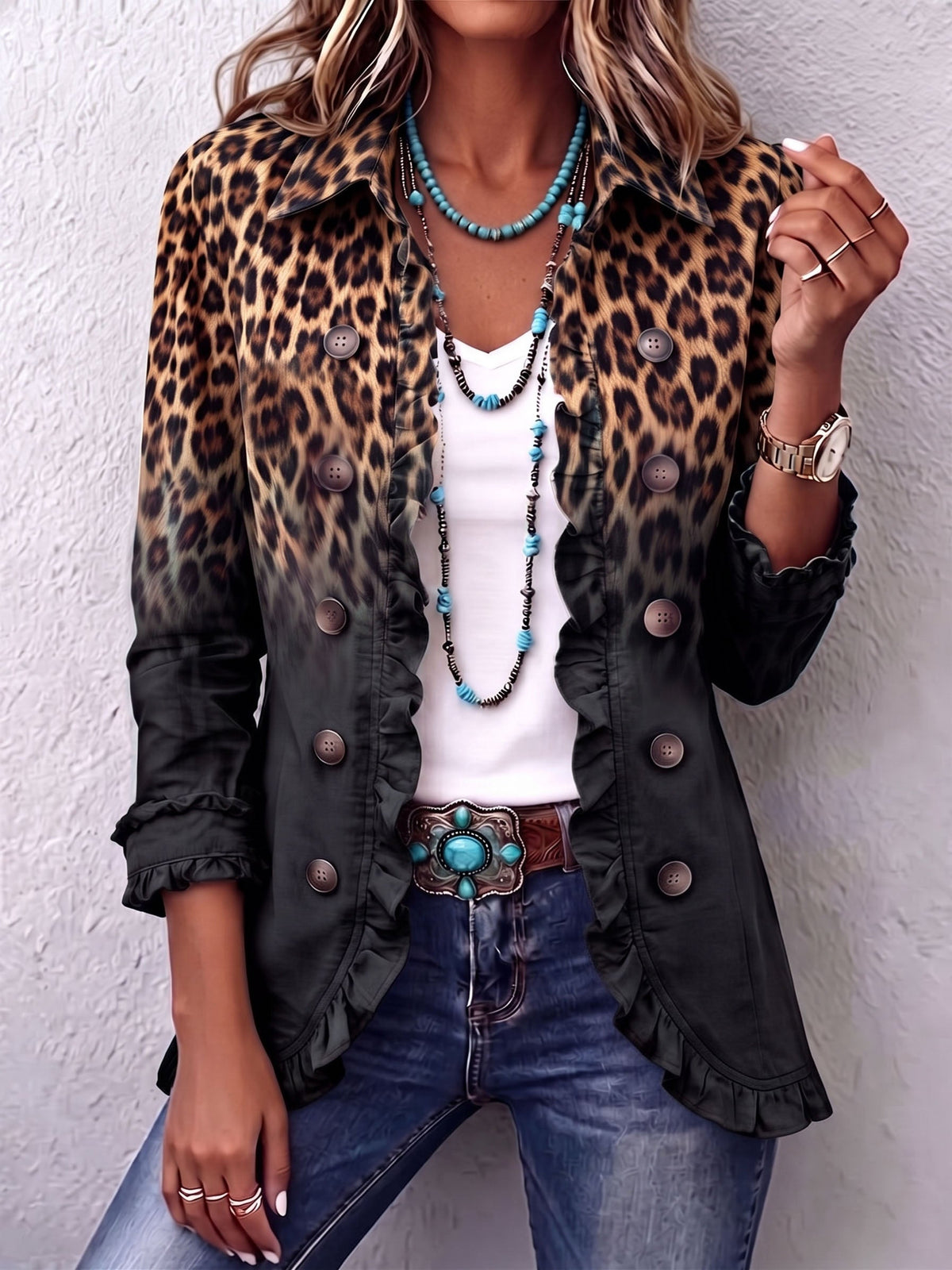 Valentine™ | Blazer Preto com Folhos e Estampado Leopardo