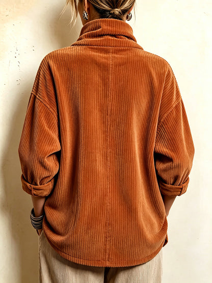 Clémentine™ | Top em Veludo Cotelê com Gola Subida Cruzada e Bolsos Frontais, Laranja