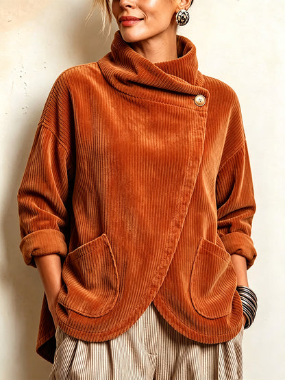 Clémentine™ | Top em Veludo Cotelê com Gola Subida Cruzada e Bolsos Frontais, Laranja