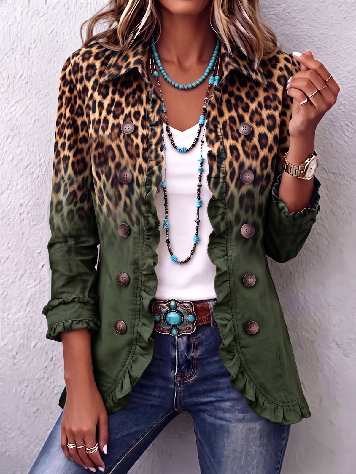 Béatrice™ | Blazer Leopardo Verde com Folhos