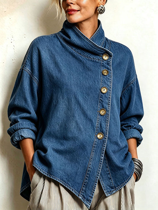 Théodora™ | Camisa Oversize em Ganga com Abotoamento Diagonal, Azul