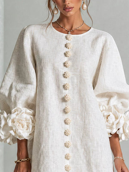 Madalena™ | Vestido Floral com Mangas Balão e Decote Redondo