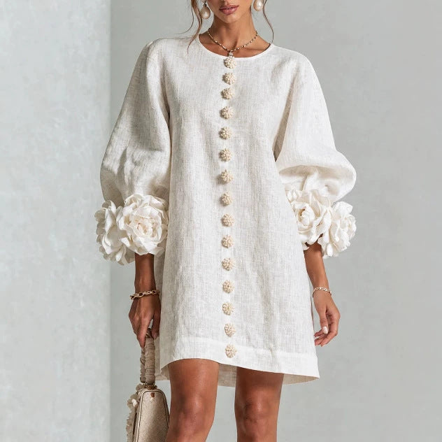 Madalena™ | Vestido Floral com Mangas Balão e Decote Redondo